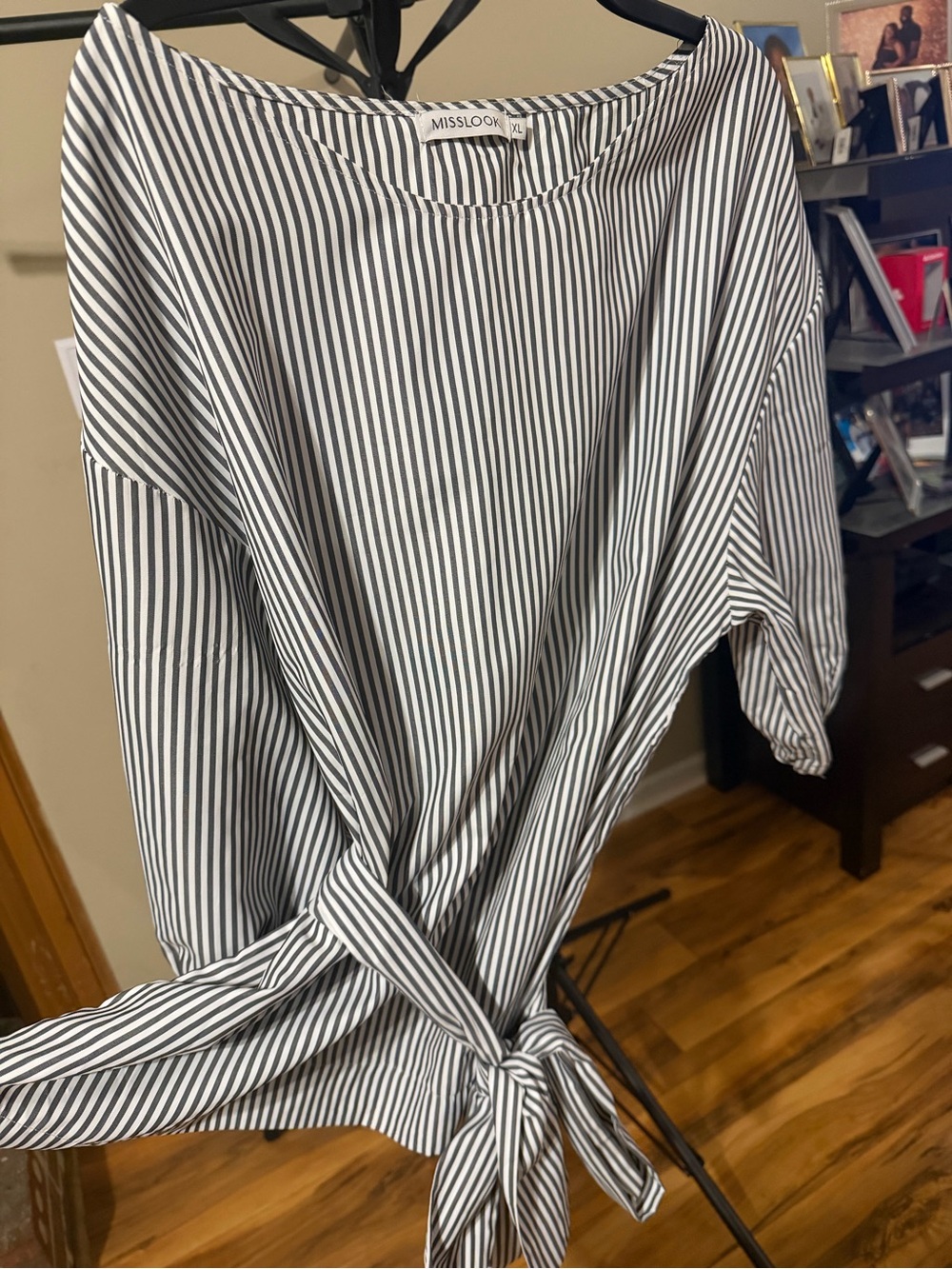 Misslook Women’s Striped Black and White Shirt with Waist Tie Size XL